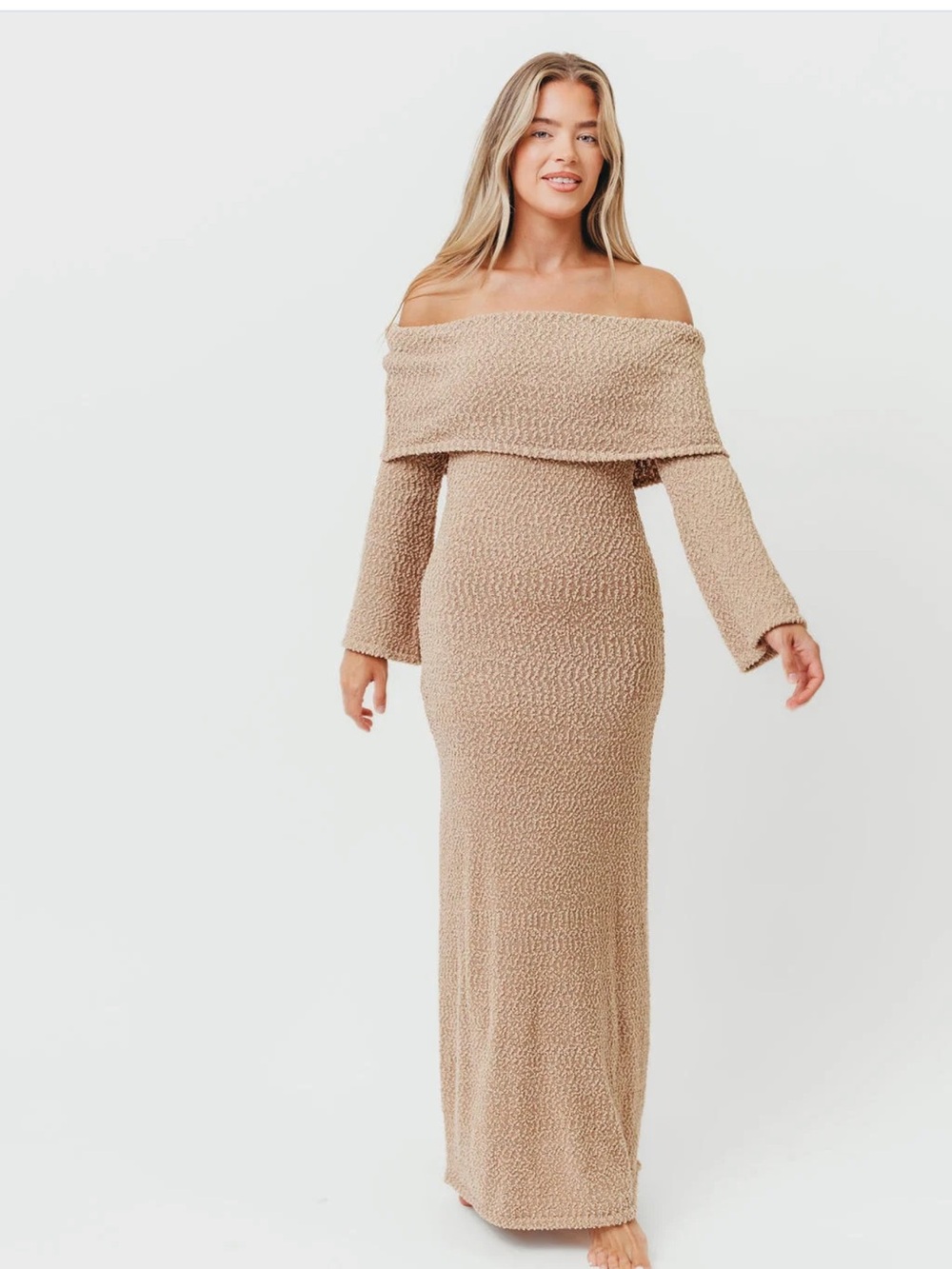 Off-Shoulder Maxi Dress in Beige Knit